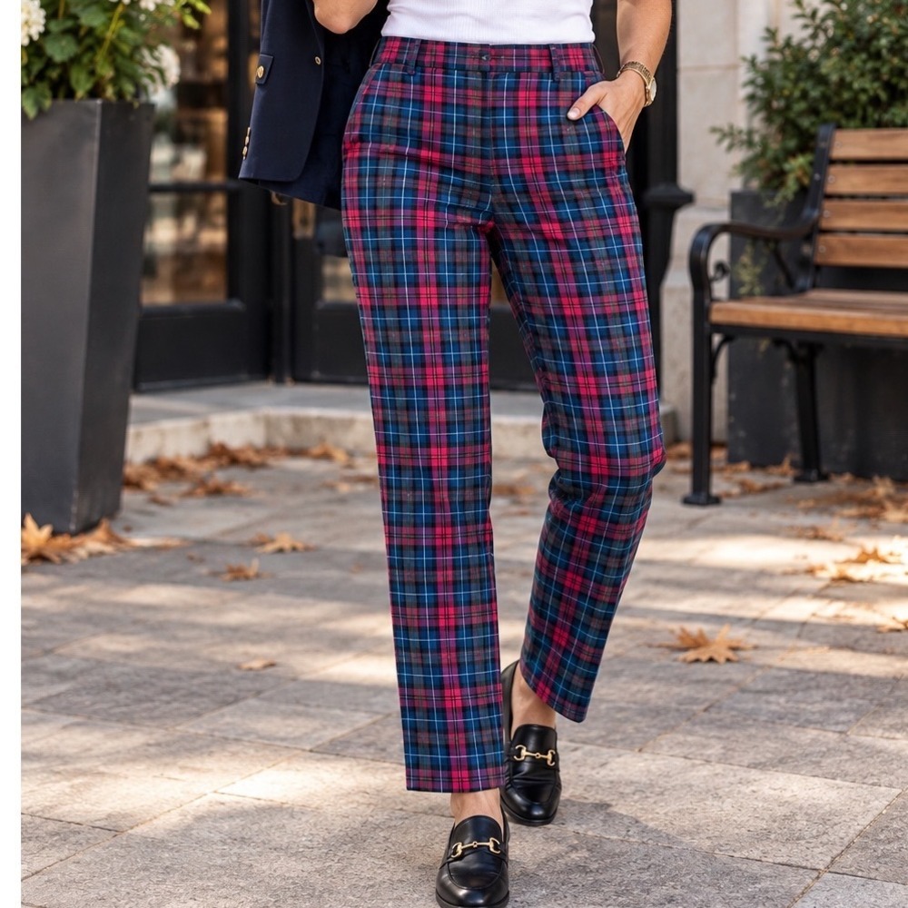 Tommy Hilfiger Womens Pink Teal Plaid Ankle Trousers Slim Fit Pants Size 10